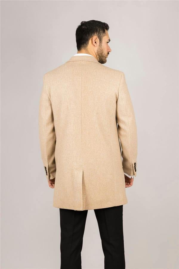 Infinity Leather Men's Notched Lapel Collar Wool Blend Beige Overcoat