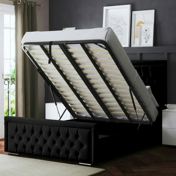 DS Living Allegra Ottoman Bed with Upholstered Headboard - Black - King / 5ft