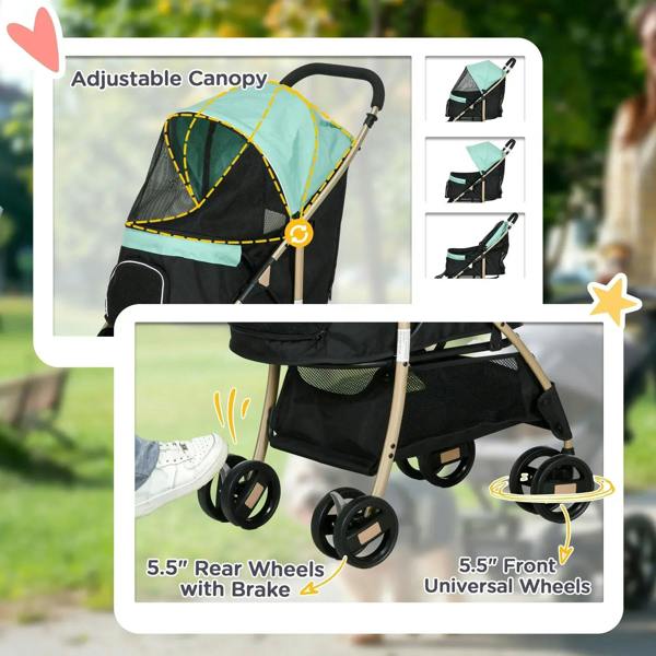 Green pet stroller with adjustable canopy, front universal wheels and rear brake wheels