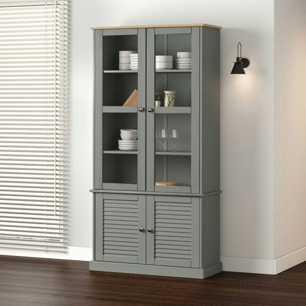 Berkfield Glass Display Cabinet VIGO Grey 85x35x170 cm Solid Wood Pine