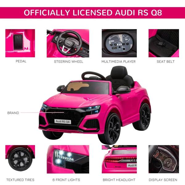 Pink kids electric ride-on car with steering wheel, multimedia display, and seat belt