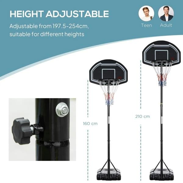 Black adjustable basketball hoop stand with base and net, wheels for mobility