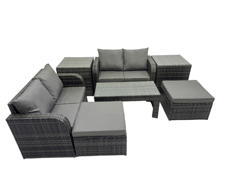 Fimous 3 Seater Sofa Reclining Chair Coffee Table Set Rattan Garden Outdoor Furniture Set with 2 Side Tables 2 Big Stools Dark Grey Mixed