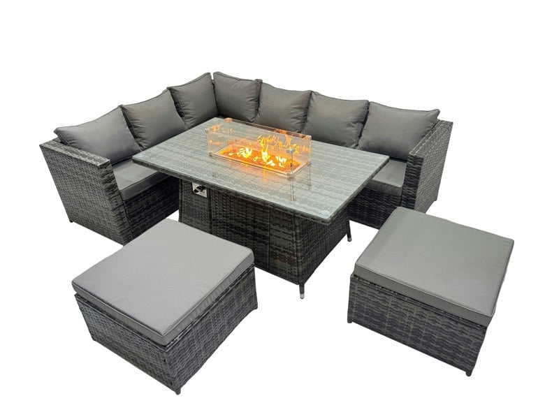 Fimous Rattan Garden Furniture Dining Set 8 seater Gas Fire Pit Dining Table Corner Sofa Set with 2 Big Stools Dark Grey Mixed