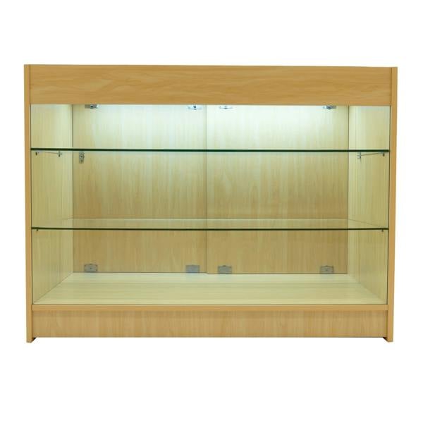 Astro LED shop counter set in maple wood finish, featuring glass shelves and LED lighting for enhanced product display