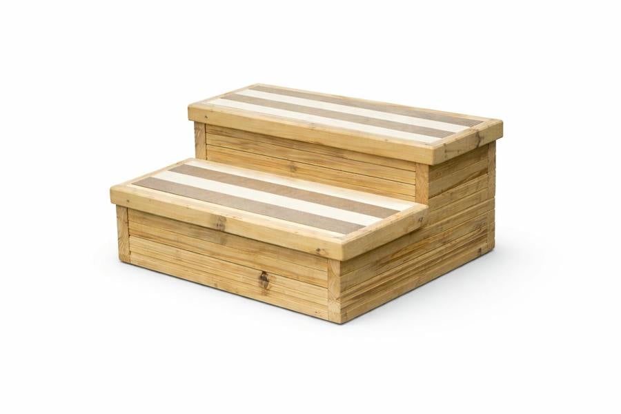 Two-step pressure treated decking unit with white anti-slip strips on white background