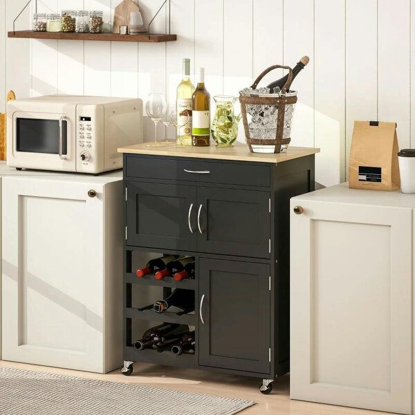 Modern Kitchen Trolley, Rolling Island Storage Cart with Drawer, 9-bottle Wine Rack, Door Cabinets, Black