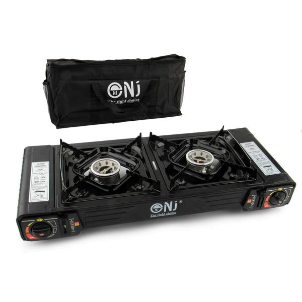 Two-burner camping stove with carrying bag