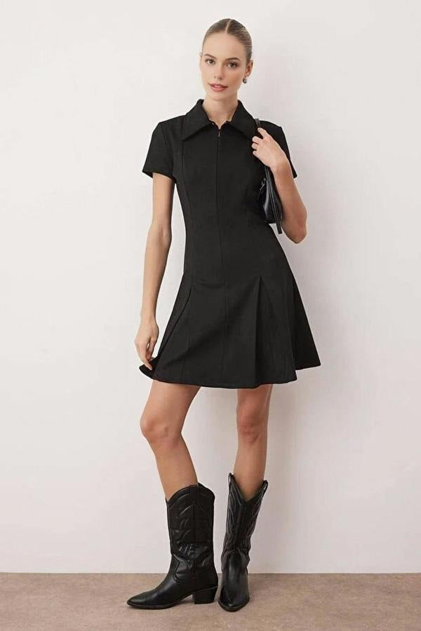 WOVCOR Suede Polo Collar Zippered A-line Knit Dress