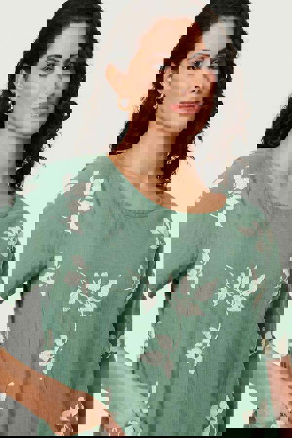 Green | Leaf Print Relaxed Knee Length Dress