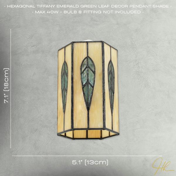 Hexagonal Tiffany Pendant Light Shade with Emerald Green Leaf Decor Image 7