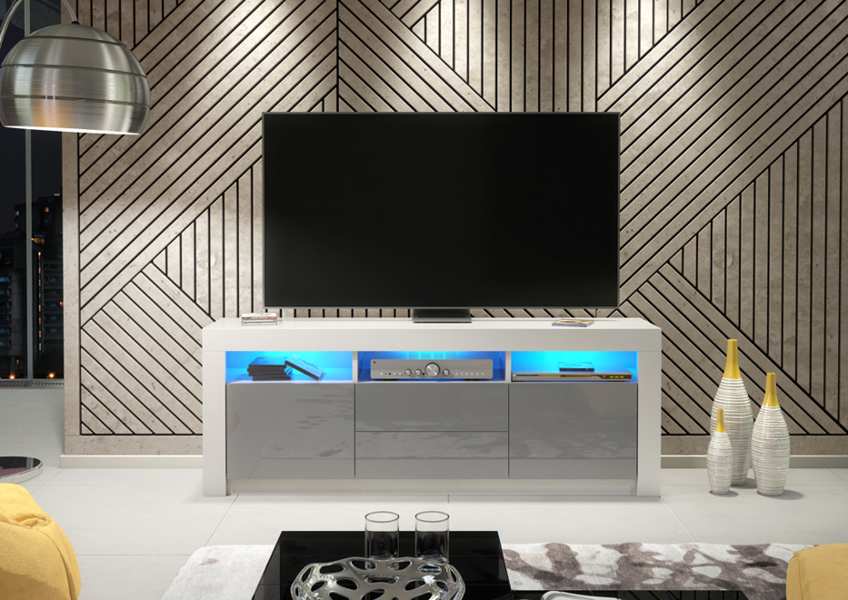 Mex Furniture Spacious 160cm TV Unit & Cabinet with Grey High Gloss Doors and Free LED