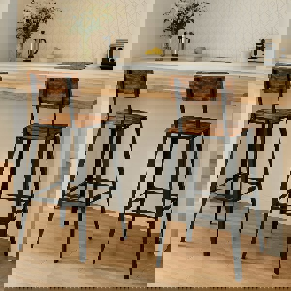 Modcraft Bar Stool Set of 2 Rustic Brown & Black Industrial Kitchen Chairs with Backrest & Footrest