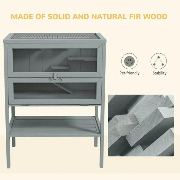 Grey wooden hamster cage with wire mesh top, stacked platforms, and front shelf