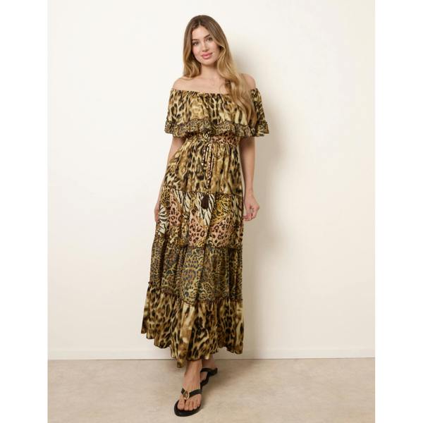 Blue Vanilla Animal Print Off The Shoulder Maxi Tiered Dress