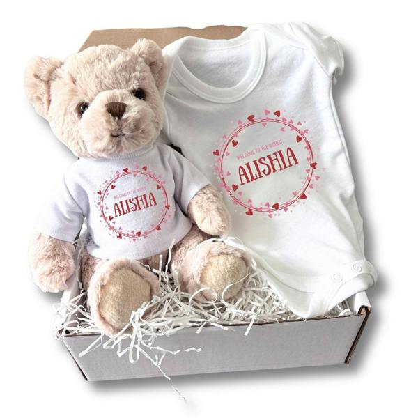 Personalised Pink & Red Hearts Baby Gift Box - Teddy & Vest