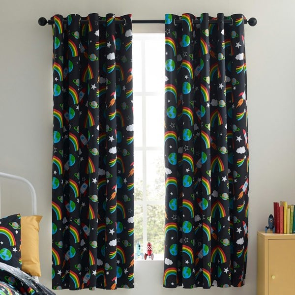 Catherine Lansfield Rainbow Rockets Fully Reversible Eyelet Curtains Black