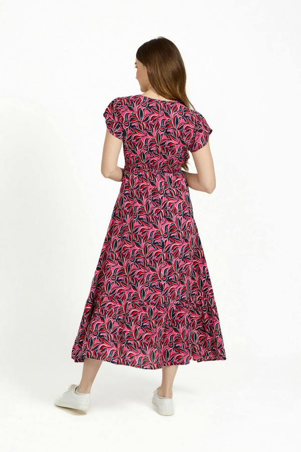 Mudflower Leaf Print Flared Button-Up Midi Dress