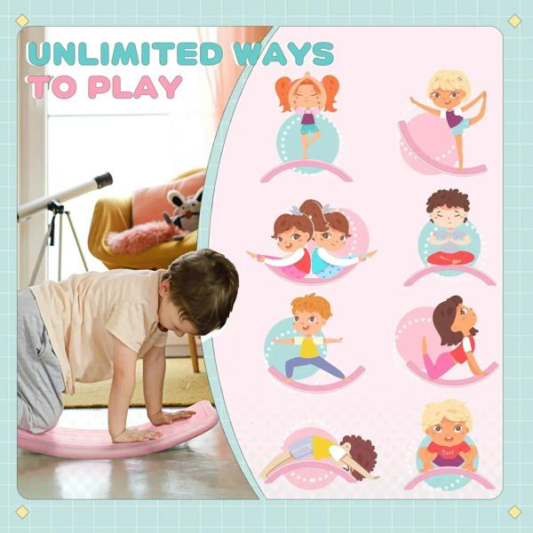 Kids pink wobble balance board with curved rocker and non-slip grip texture