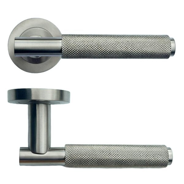 EDH Door Hardware Satin Nickel Knurled Door Handles on Round Rose – Modern Internal Lever Handle