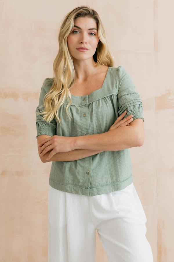 Lily & Me Poppy Plain Cotton Blouse Silver Sage