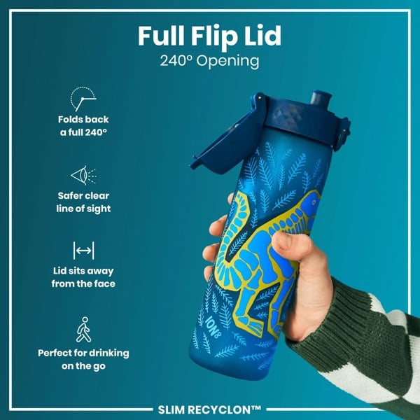 A hand holds a blue water bottle with a 240° opening flip lid, featuring a graphic design; against a teal background. Full Flip Lid, 240° Opening, Safer clear line of sight, Lid sits away from the face, Perfect for drinking on the go, ION8, SLIM RECYCLON™.