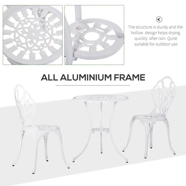 White aluminium patio bistro set: round table and 2 ornate chairs