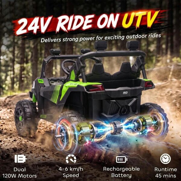 24V 2 Seater Ride On Truck Car for Big Kids with Remote Control, Dual Motors, 4-Wheel Suspension for Ages 3-8, Green