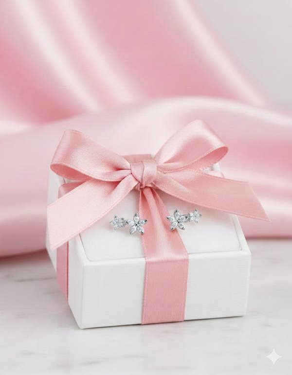 PERFECTLY_WRAPPED_BLOOMTINE_STERLING__SILVER_ETERNAL_BLOOM_EARINGS_THE_PERFECT_GIFT. White gift box with pink ribbon and snowflake earrings on a pink fabric background