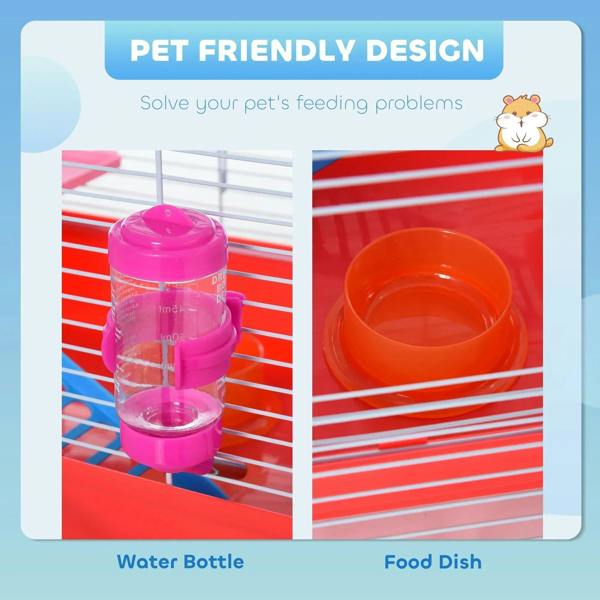 Hamster cage accessory set: pink water bottle and orange food dish inside the red base.