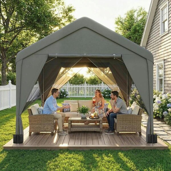 3 x 3 m Patio Gazebo with Netting & Curtains, Outdoor Canopy Shelter with Galvanised Steel Frame, Dark Grey