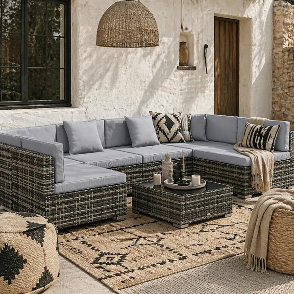 Wyld Haus Nalo Elni Grey Rattan  7 Piece Garden Set With Glass Top Table