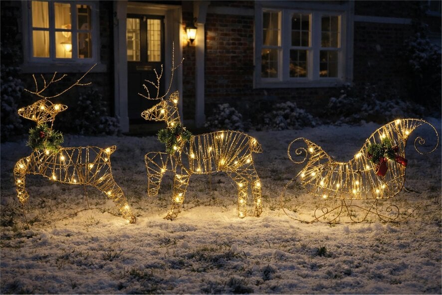 Scotts of Stow Xmas Haus Rose Gold Light Up Reindeer and Sleigh Indoor Outdoor Christmas Decoration with Timer