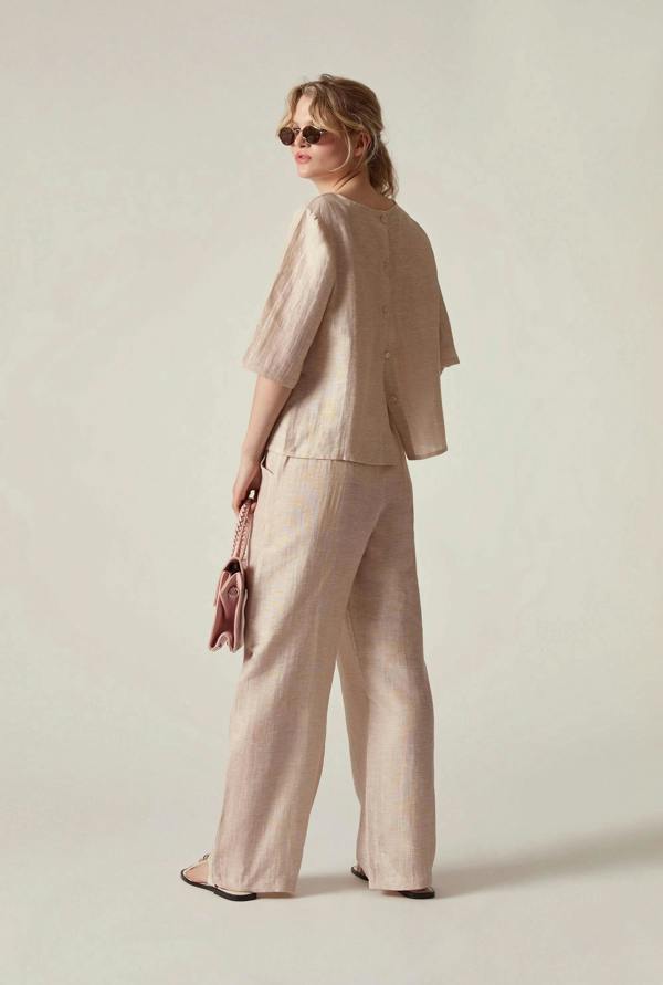 James Lakeland Beige Linen Blend Button-Back Top