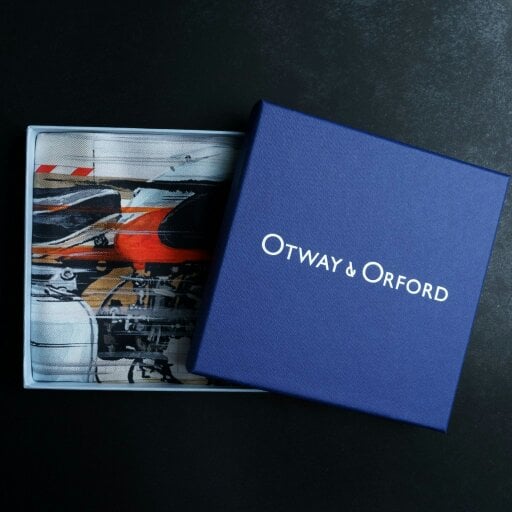 Otway & Orford 'Vintage Velocity' motorcycle silk pocket square in red, pale blue, black & brown (42 x 42cm)