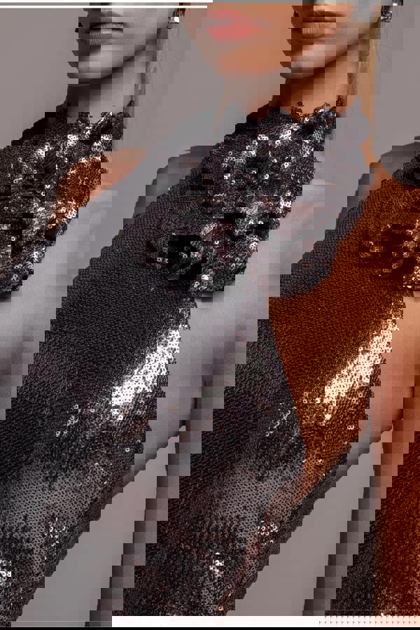 Liquid Sequin Halterneck Mini With Corsage - Silver DR4125