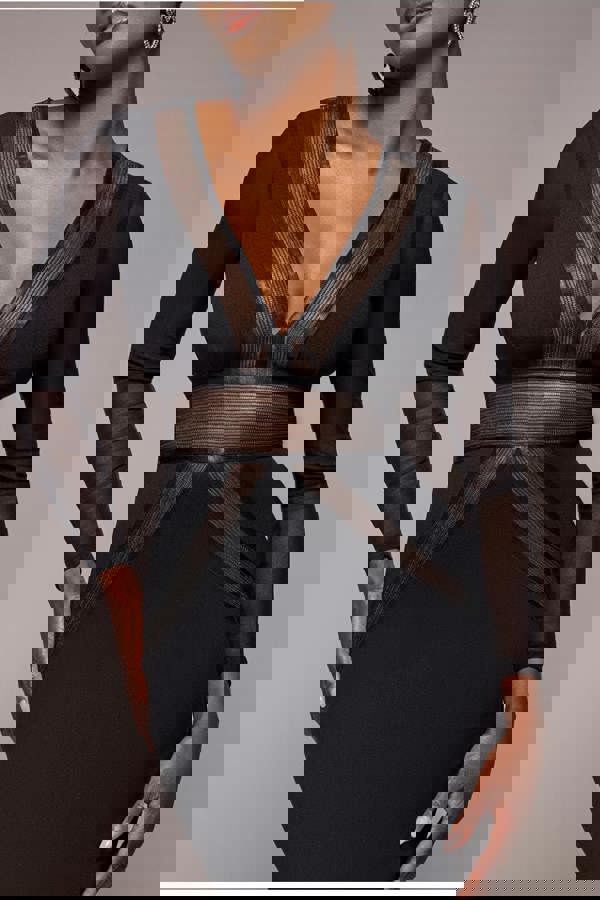 Front Crossover Lurex Split Maxi Dress - Black DR4631