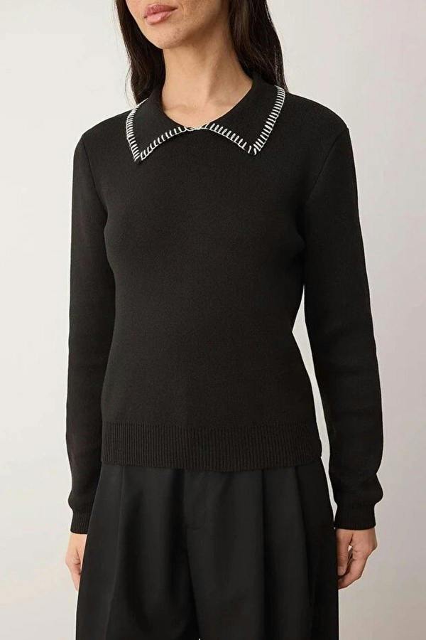 WOVCOR Cotton Knit Sweater with Collar and Stitching Details