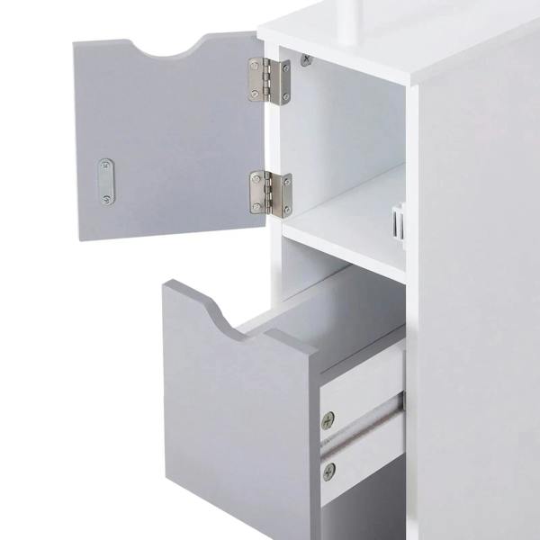Open bathroom cabinet showing white interior and gray drawers with metal hinges