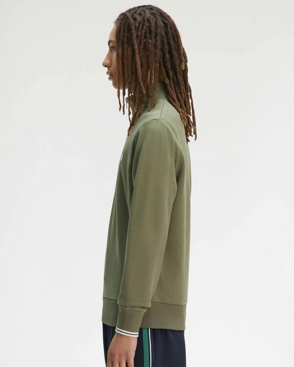 Fred Perry Mens Half Zip Sweatshirt - Laurel Wreath Green/Ecru/Dusky Blue 87B | CHO | Designer Mens Sweatshirts
