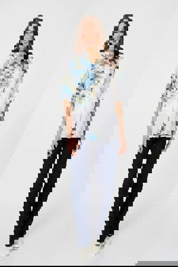 White | Floral Relaxed Turn-Up Sleeve Blouse
