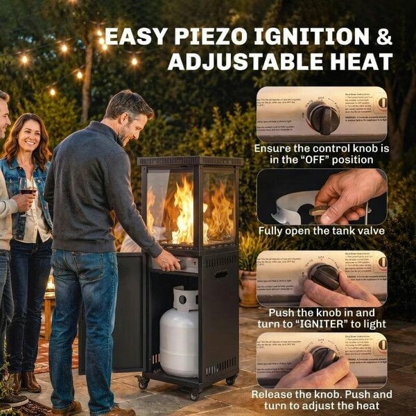 Bobobiy Gas Patio Heater, 13 kW Portable Propane Outdoor Heater with Stepless Heat Control, Tip-over Protection, 4 Wheels, Black