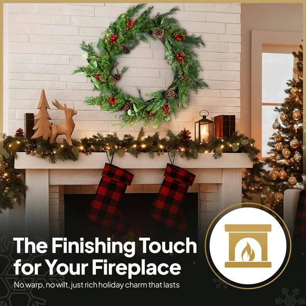 90cm Artificial Cedar Christmas Wreath with Red Berries and Pinecones, Green Seasonal Door Decor image 9