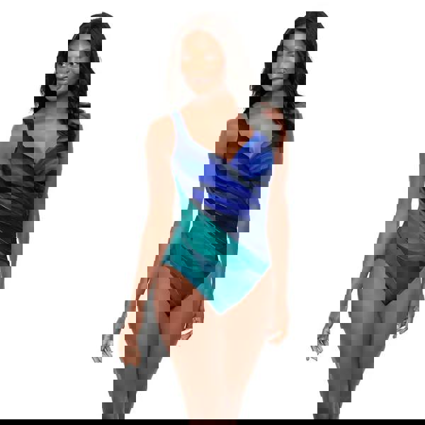 Blue and green ombre Miraclesuit Maldiva wrap swimsuit with v-neck and molded foam cups