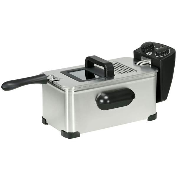 Stainless steel deep fat fryer with black handles and viewing window