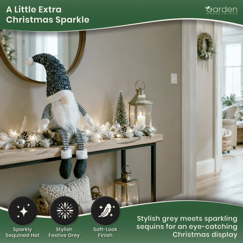 Large Grey Glam Christmas Gonk Figure, 75cm Sitting Decoration with Sparkly Sequined Hat, Soft Polyester Indoor Ornament