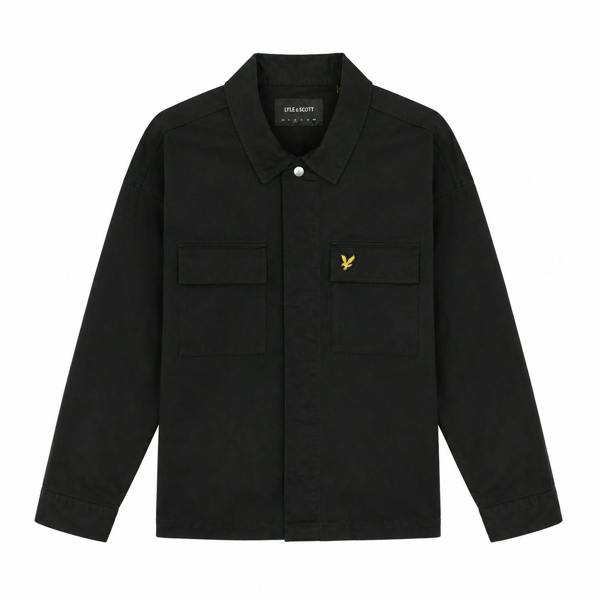 Lyle & Scott jet black washed overshirt with a classic collar, button front, and signature yellow eagle logo.