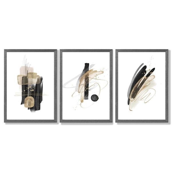 Set of 3 Abstract Black and Gold Fiesta Framed Art Prints with Dark Grey Wooden Frames
