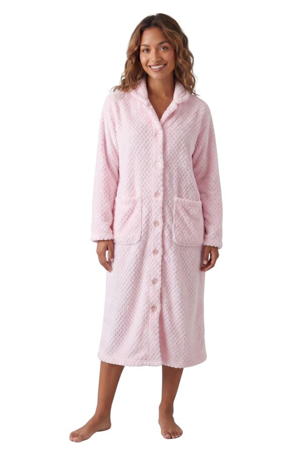 Camille Womens Supersoft Popcorn Textured Fleece Button Up Housecoat - light pink