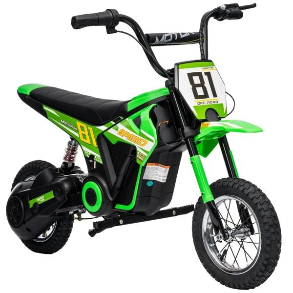 Green kids electric dirt motorbike with black seat, knobby tires, front suspension